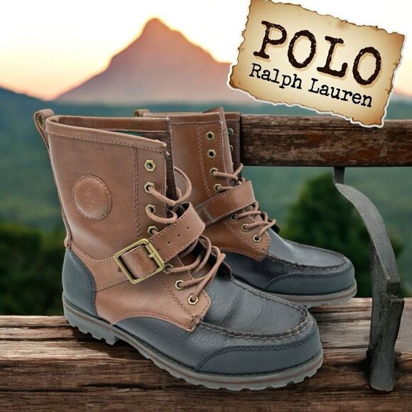 Polo Ralph Lauren Men's Weybrook Leather Buckle Strap Boot Brown Black Size 8 - Picture 1 of 7